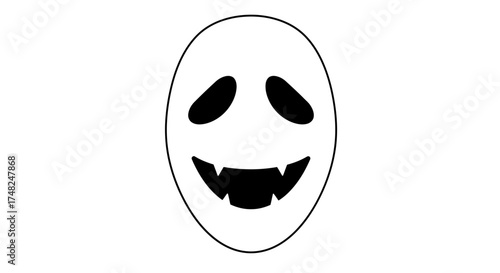 Simple white mask with black eyes and teeth on a white background.