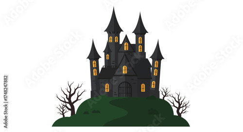 Cartoon illustration of a spooky haunted castle on a hill.