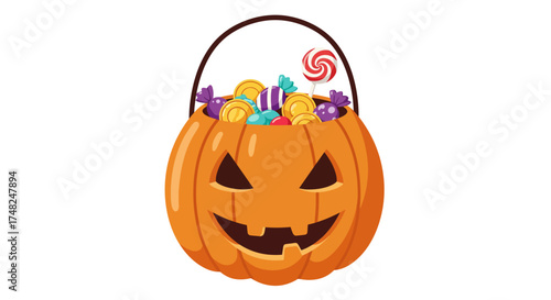 Pumpkin candy bucket filled with Halloween treats.