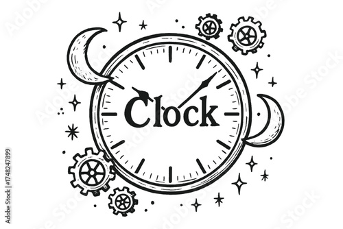 Celestial Clock Design. Hand-drawn clock with moons, gears, and sparkles, center word “Clock” in black and white isolated