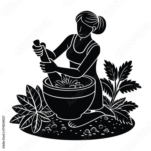 Herbalist Silhouette Preparing Medicine Grinding Herbs with Mortar and Pestle for Natural Remedies on White Background