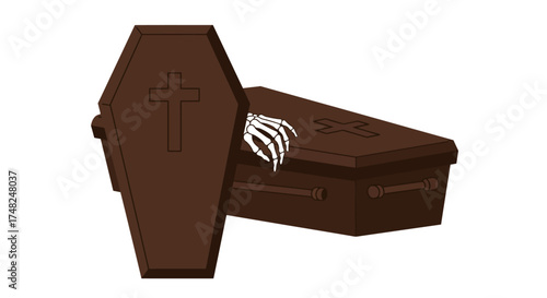 Cartoon illustration of two brown coffins, one standing up with a cross, and a skeleton hand reaching out of the other.