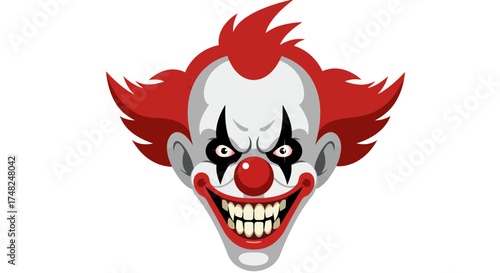 Scary clown face with red hair and evil grin, vector illustration.