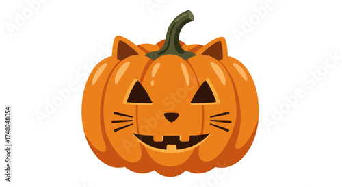 Cartoon Halloween pumpkin with cat ears and a carved face, isolated on white.