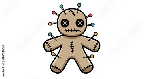 Cartoon voodoo doll with pins in its head and body, on a white background.