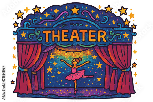 Enchanted Ballet Theater. Colorful doodle enchanted ballet theater with glowing lights, stars, and curtains, center word “Theater”
