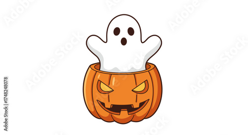 Cartoon ghost popping out of a carved Halloween pumpkin.