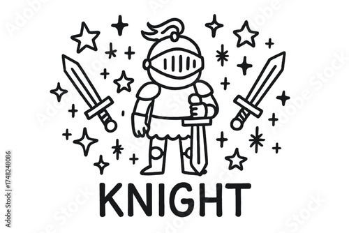 Doodle Knight Guard. Doodle knight guard with stars, swords, and sparkles, center word “Knight” in black and white isolated