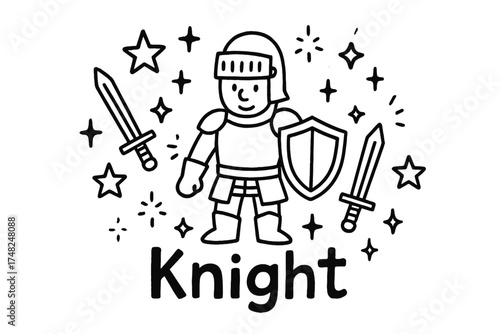 Doodle Knight Guard. Doodle knight guard with stars, swords, and sparkles, center word “Knight” in black and white isolated