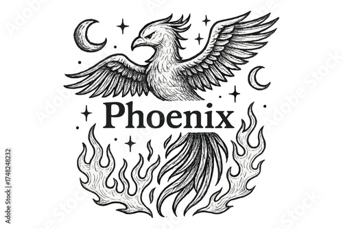 Phoenix with Moons. Hand-drawn phoenix with moons, flames, and sparkles, center word “Phoenix” in black and white isolated