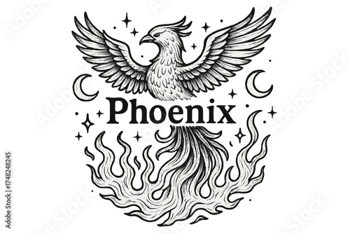 Phoenix with Moons. Hand-drawn phoenix with moons, flames, and sparkles, center word “Phoenix” in black and white isolated