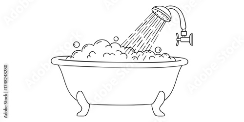 Bathtub filled with bubbles and running shower icon
