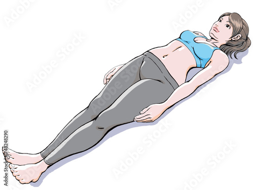 ヨガ・死者のポーズ_まっすぐの姿勢で横たわる若い女性_2.eps