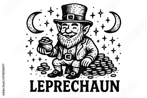 Whimsical Leprechaun Design. Hand-drawn leprechaun with moons, gold, and sparkles, center word “Leprechaun” in black and white