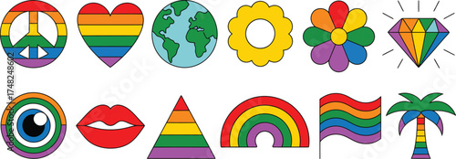 Lgbtq+ pride symbols set with rainbow heart peace flower and other elements