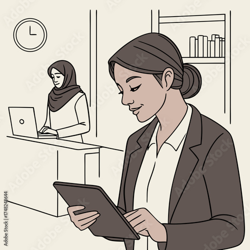 Businesswoman Using Tablet in Office Setting.