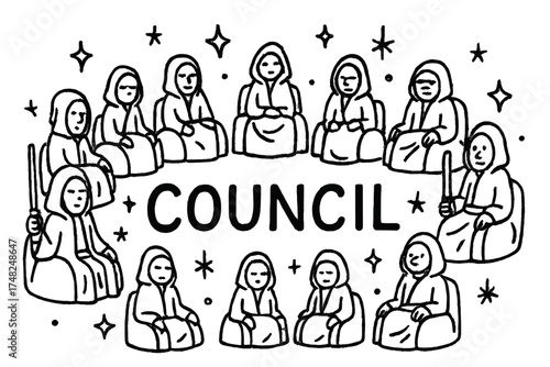 Doodle Jedi Council Scene. Doodle jedi council with stars, chairs, and sparkles, center word “Council” in black and white isolated