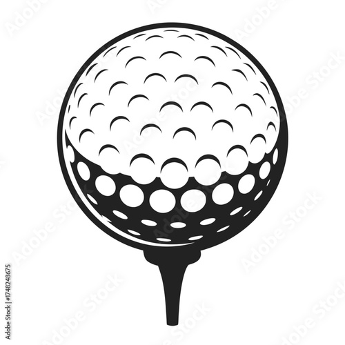 Close up detailed graphic of a golf ball with dimples on a tee ready for play