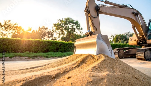Excavator loading sand at dawn