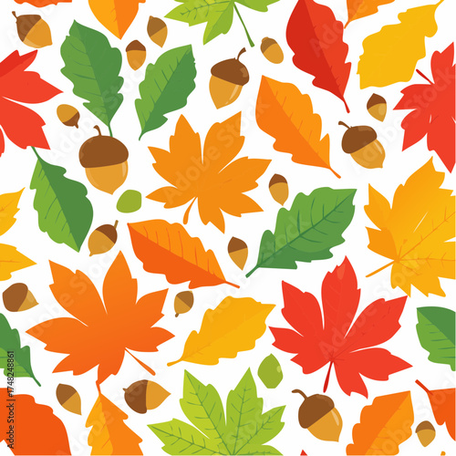 Vector seamless pattern with bright autumn leaves and acorns on white background