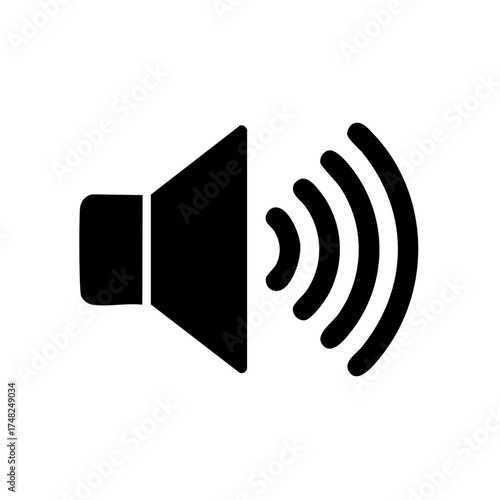 Black speaker icon with radiating sound waves on a white background