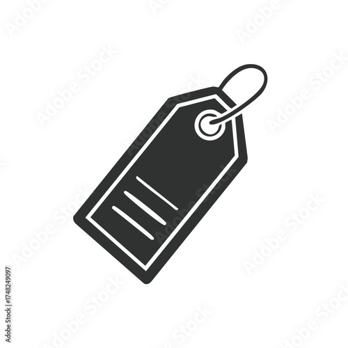 Black rectangular price tag icon with string loop and information lines for retail sales