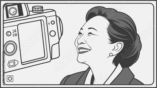 Camera and Smiling Face Cartoon Illustration.