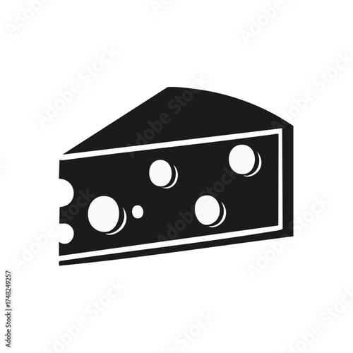 Triangular wedge of cheese icon with multiple round holes, black and white vector