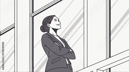 Confident Woman with Crossed Arms Looking Upwards.