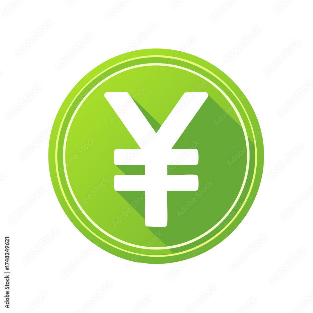 Obraz premium Green Yen Symbol with Shadow on Circular Badge. Japanese Currency Icon.