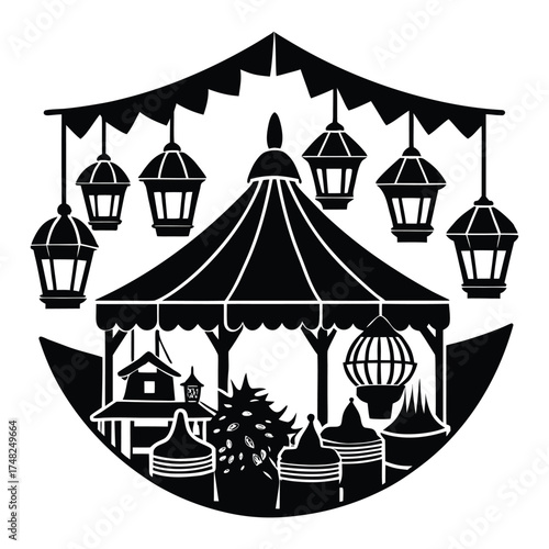 Festive Gathering Silhouette with Lanterns and Tent Structure Illustration on White Background