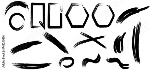 Black grunge ink shapes like circle, square, and hexagon displayed on the transparent background
