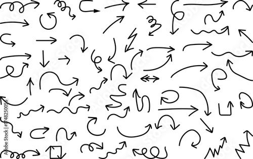 Numerous simple hand drawn arrows point in many directions over a white background