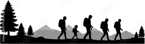 Diverse Family Hiking Silhouette at Sunset, Minimalist Vector Nature Walk, Multi-Generational Lifestyle Flat Icon	