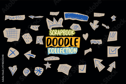 Scrapbook doodle collection features various handdrawn paper scraps with blue ink on transparent background