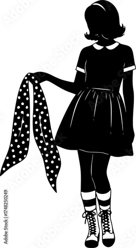 1960s Babydoll Glamour Woman Silhouette, Vintage Preppy Polka Dot Fashion Vector	