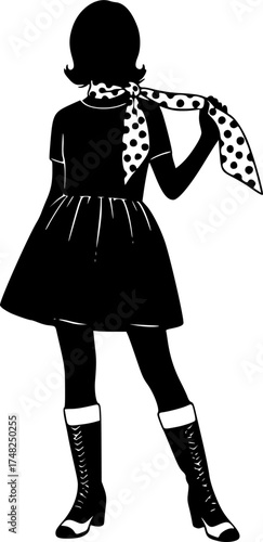 1960s Babydoll Glamour Woman Silhouette, Vintage Preppy Polka Dot Fashion Vector	