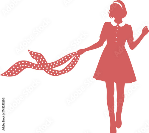 1960s Babydoll Glamour Woman Silhouette, Vintage Preppy Polka Dot Fashion Vector	