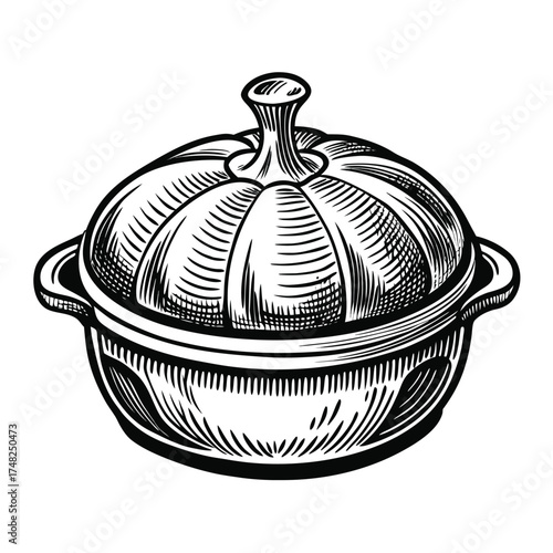 A black and white illustration of a round cooking pot with a domed lid, rendered in a vintage engraving style.