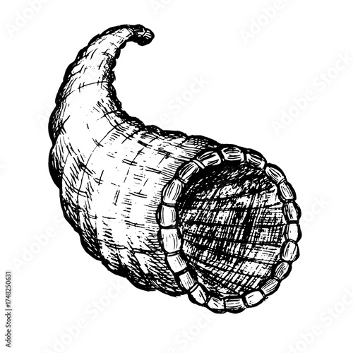 Cornucopia horn vector illustration in vintage retro woodcut etching style. Thanksgiving element Isolated on transparent background.