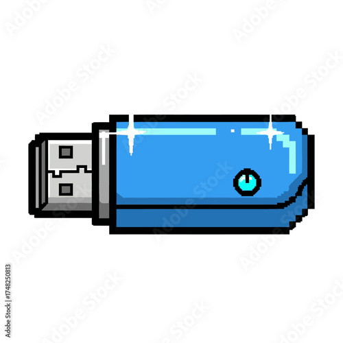 Blue USB flash drive pixel art design for data storage and transfer.