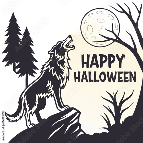 Howling Wolf Silhouette Under Full Moon with Happy Halloween Text, Spooky Forest Trees and Night Scene Vector Illustration for Halloween Design