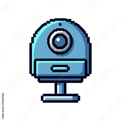 Pixelated Blue Webcam with Circular Lens and Rectangular Base.
