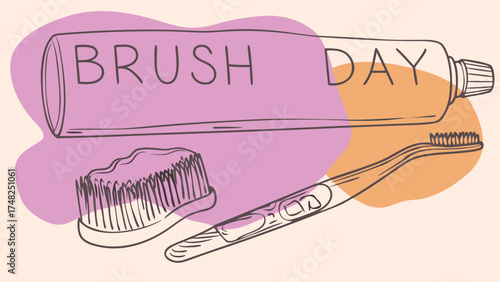 National Brush Day Awareness Poster with Toothpaste, Toothbrush, and Smiling Teeth Cartoon for Dental Health Campaign