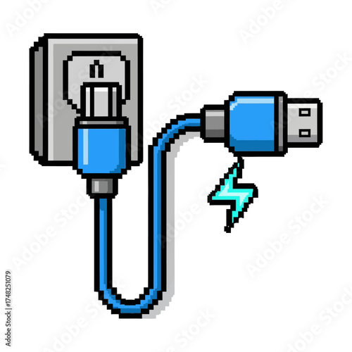 Pixel Art USB Charger Connecting to Wall Outlet with Lightning Bolt.
