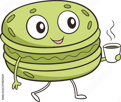 Vector art of cute cartoon green macaron character walking and holding a cup of coffee