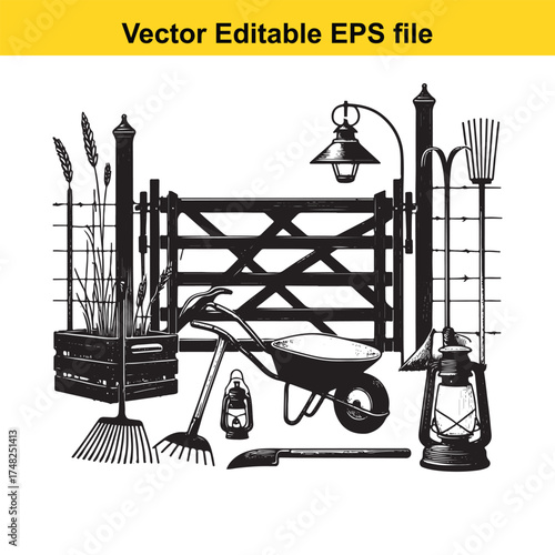 Vector art of rustic farmyard scene with a gate, wheelbarrow, rake, lanterns, and wheat stalks