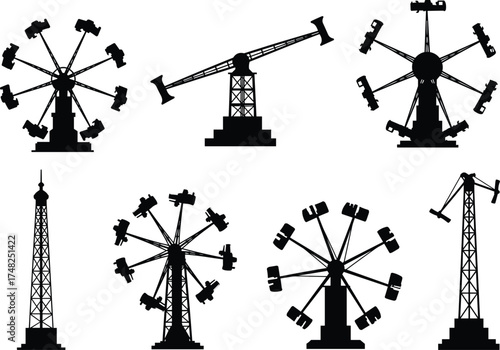 Six different amusement park ride silhouettes, black and white carnival attraction illustration, ferris wheel and pendulum ride vector icons, fairground entertainment graphic design