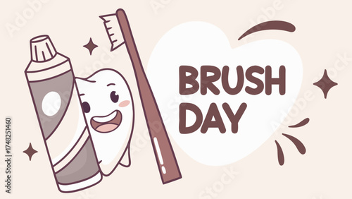 National Brush Day Awareness Poster with Toothpaste, Toothbrush, and Smiling Teeth Cartoon for Dental Health Campaign