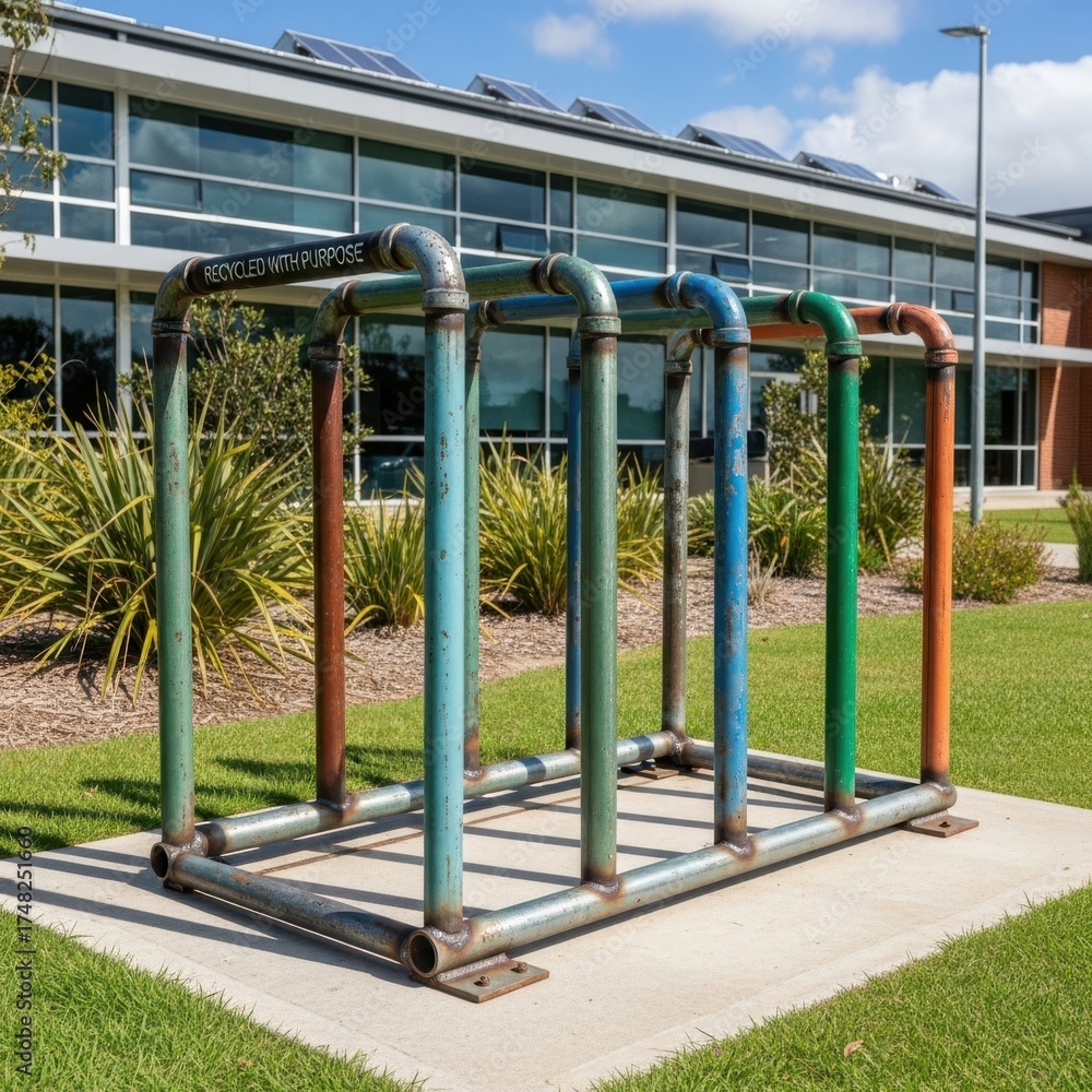 Fototapeta premium Colorful industrial pipe sculpture in front of modern building